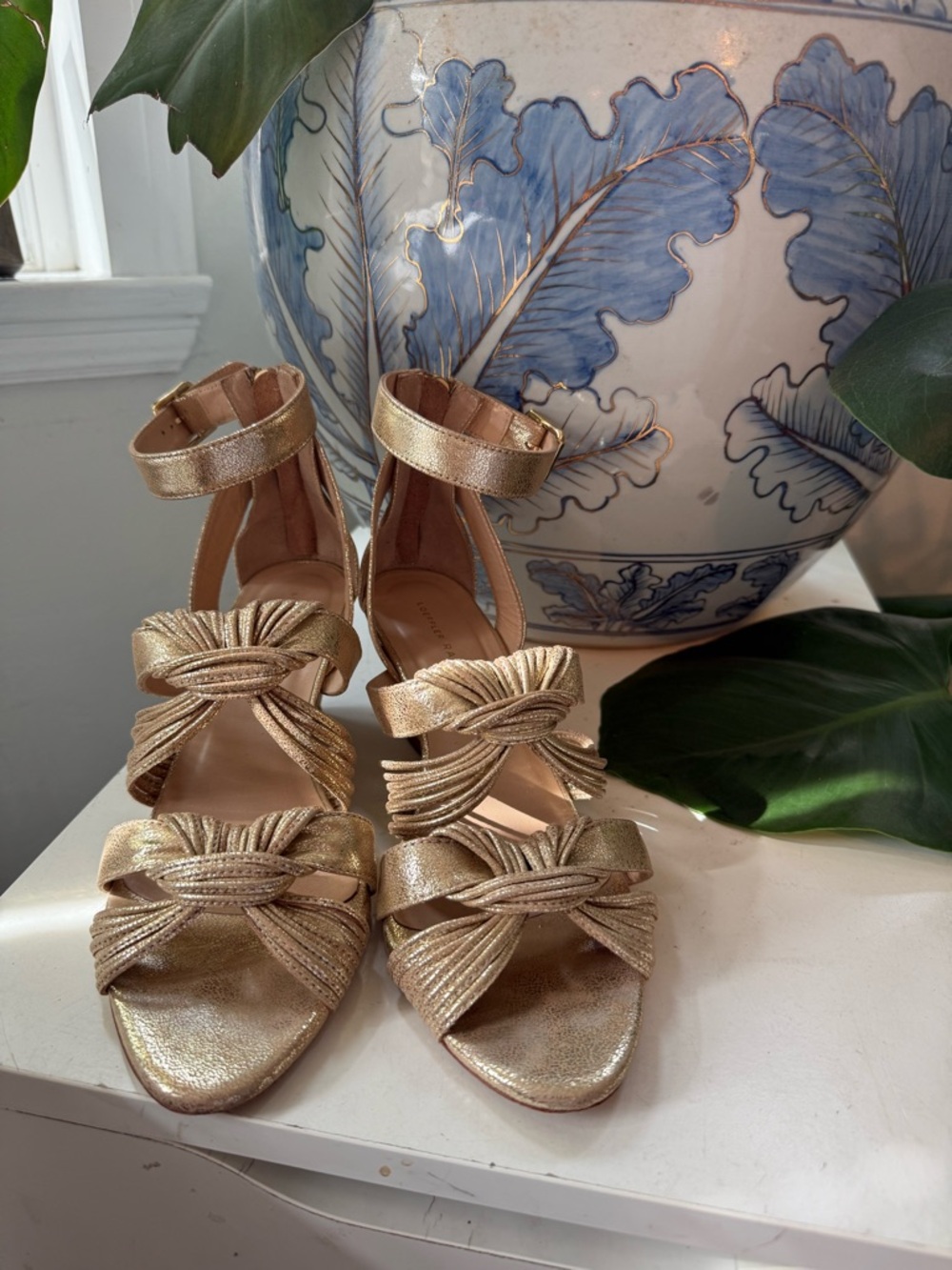Loeffler Randall Metallic Gold Knotted-Strap Heeled Sandals wedding